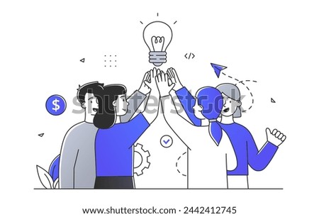 Team brainstorming simple. Men and women with light bulb. Insight and brainstorming, idea. Collaboration and cooperation, partnership. Doodle flat vector illustration isolated on white background