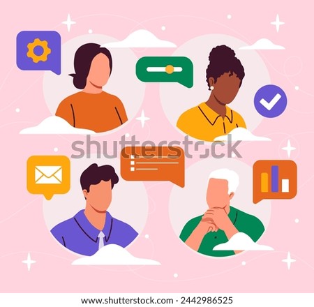Digital multitasking concept. Men and women with tasks and goals. Time management and organizing effective work process. Cartoon flat vector illustration isolated on pink background