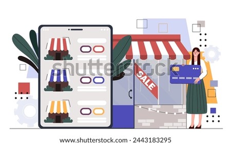 Commercial activities online concept. Woman with bankng card ner smartphone with goods and products. Electronic wallet and digital money, cashless payment. Cartoon flat vector illustration
