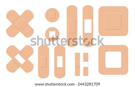 Set of Medical plasters. Adhesive bandage for first aid for wounds, operations and skin injuries. Protecting open wound from infection. Cartoon realistic vector collection isolated on white background