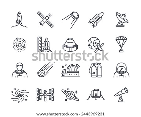 Set of linear space related icons. Simple symbols with rocket taking off, astronaut, planet, satellite and observatory. Editable stroke. Outline flat vector collection isolated on white background