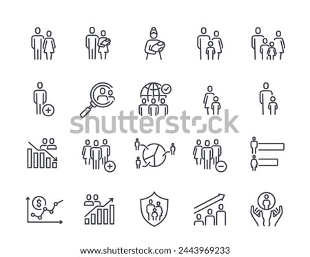 Set of linear Demographic Icons. Simple symbols with families, populations, birth rates, social groups, gender statistics. Editable stroke. Outline flat vector collection isolated on white background