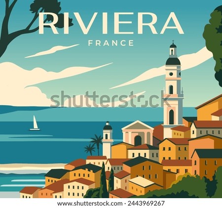 Travel destination poster. French Riviera advertising banner. Beautiful landscape with sea, beach and traditional European architecture. Tourism and summer vacation. Cartoon flat vector illustration