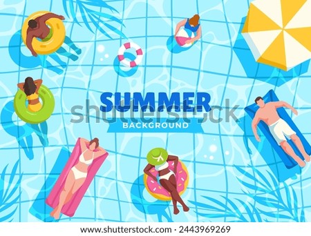 Bright summer background. Banner with happy people in swimsuits relaxing and swimming in pool. Men and women enjoying pool party. Poster with space for text. Cartoon flat vector illustration