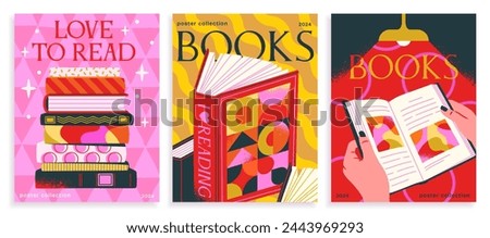 Set of abstract posters with books. Love of reading and literature. Pop art covers with stacks of books and hands holding open textbook. Cartoon flat vector illustrations isolated on white background