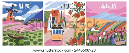 Set of natural village landscapes. Beautiful scenery with countryside houses, fields with blooming flowers, gardens, river and windmill. Cartoon flat vector illustrations isolated on white background