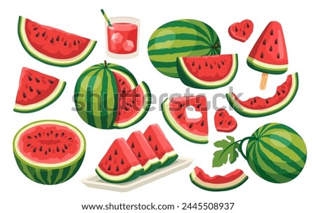 Watermelon icons set. Whole watermelons, juicy triangular slices, refreshing fruit cocktails, green peel and red water melon pulp. Cartoon flat vector illustrations isolated on white background