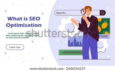 Local SEO poster. Promotion in social networks and messengers, websites. SMM specialist with magnifying glass and coghweeels. Landing webpage design. Cartoon flat vector illustration