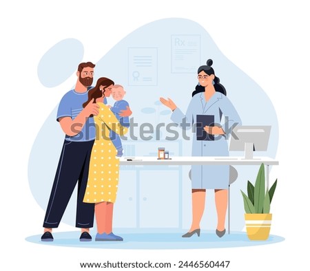 Pediatrician appointment concept. Doctor talk with family with kid. Health care and treatment, diagnosis. Advice and consultation for parents and child. Cartoon flat vector illustration