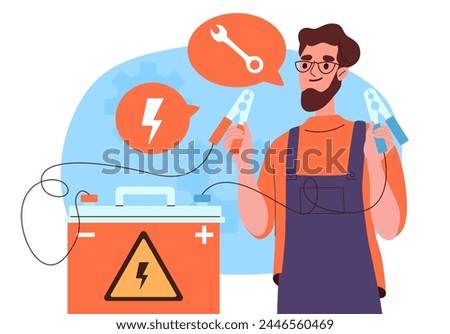 Mechanic with accumulator concept. Man in uniform with voltage and electricity. Repairman with plus and minus terminals. Young guy fix problems. Cartoon flat vector illustration