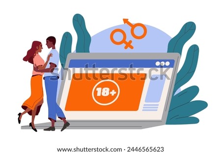 Video for adults concept. Man and woman dancing together near laptop with content for people 18 age. Blocked video for children. Cartoon flat vector illustration isolated on white background