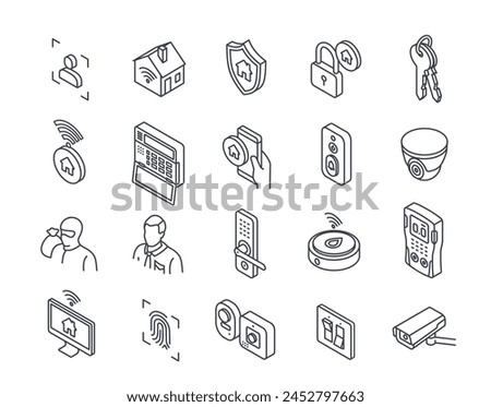 Set of smart home related line icons. Symbols with biometric lock, CCTV system for home security and remote control. Design for app. Outline isometric vector collection isolated on white background