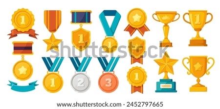 Set of trophies. Collection of icons with gold, silver and bronze medals and cups for winners. Award to celebrate victory or success. Cartoon flat vector collection isolated on white background