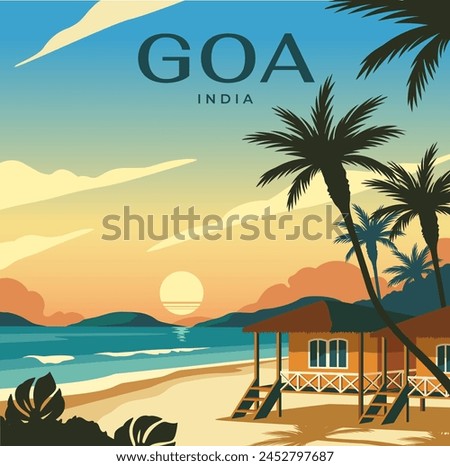 Travel destination poster. Landscape of tropical resort with sea, palm trees and sandy beaches. Goa, India. Tourism, journey and summer vacation. Tour Advertising. Cartoon flat vector illustration