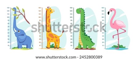 Kid height measurement. Collection of cute wall rulers with elephant, giraffe, flamingo and dinosaur. Chart with African animals. Cartoon flat vector illustration set isolated on white background