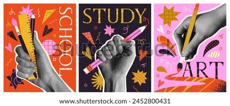 Back to School Posters Set. Collection of Halftone flyers with hands holding pencil, brush and school supplies. Education and study. Cartoon flat vector illustrations isolated on white background