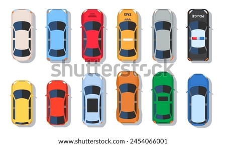 Set of cars top view. Icons or stickers with city vehicle for driving. Illustrations with automobile for transportation. Taxi, police auto. Cartoon flat vector collection isolated on white background