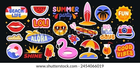 Set of retro summer stickers. Vintage groovy badges with cocktail, palm tree, beach, surfer board and summer party or vacation elements. Cartoon flat vector collection isolated on black background