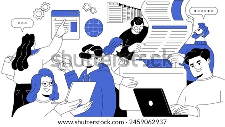 Concept of modern information technologies. Software testers, programmers, designers, software engineers, coders with program languages working in studio. Line art style flat vector illustration