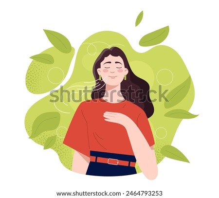 Mental health concept with pretty young woman. Young girl doing breathing exercise. care. Awareness, mindfulness and meditation. Flat vector illustration isolated on white background