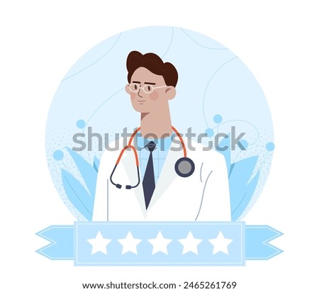 Doctors rating concept. Man in medical uniform with highest 5-star rating. Patient reviews and opinions. Evaluating and assessing the specialist. Flat vector illustration isolated on white background