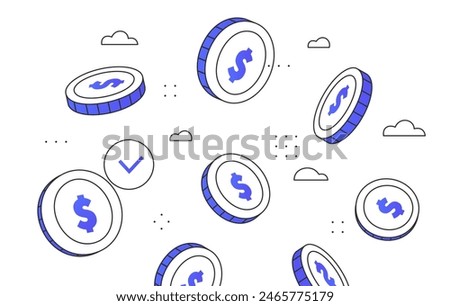 Coins falling on white background. Dollar coins fall among the clouds. Wealth, success, prosperity, richness, investment metaphor. Line art style flat vector illustration on white background