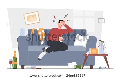 Hangover after a drunken binge. Man is sitting on a couch with bottles and trash scattered around him. Alcohol addiction, alcoholism. Mental issues and psychological problems. Flat vector illustration