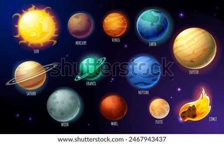 Set of solar system planets. Icons with sun, mercury, venus, earth, saturn, satellites, comets and asteroids. Astronomy, universe and galaxy. Cartoon flat vector illustration isolated on background