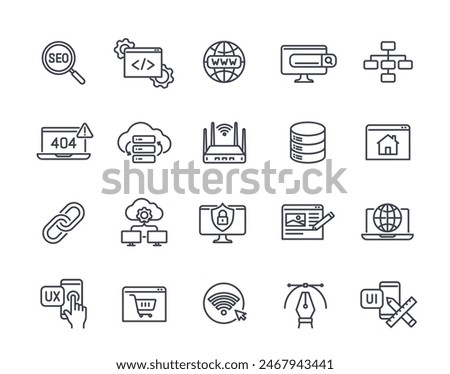 Set of Website related line icons. Simple symbols with hosting, web design, server, error page, landing and search engines. Editable stroke. Outline flat vector collection isolated on white background