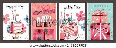 Set of birthday greeting cards. Postcards with delicious birthday cake, wishing candles and gift box. Birthday Party Celebration Invitation. Cartoon flat vector collection isolated on gray background