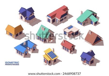 Private houses isometric icons set. Illustrations of luxury cottages, family home, building facades with windows and residential property. Cartoon 3D vector collection isolated on white background