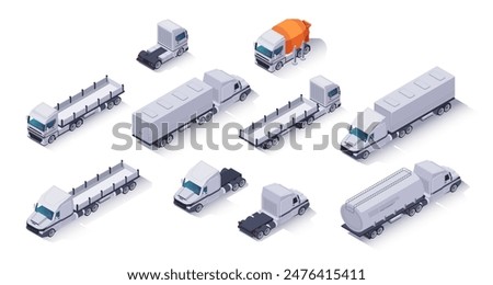 Isometric trucks set. Distribution vehicles icons, shipping and global logistics transport. Delivery trucks and commercial cars with trailer. 3D vector collection isolated on white background