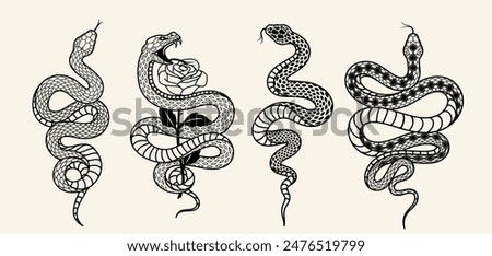 Set of hand drawn snake sketches. Engraved illustrations with venomous cobra and rose, reptiles, viper. Vintage design elements for tattoo or logo. Outline vector collection isolated on background