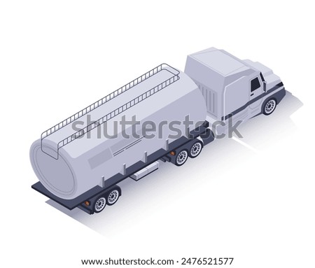 Isometric truck icon. Vehicle with tank for distribution and delivering fuel. Tanker with semitrailer for liquid freight transportation. 3D vector illustration isolated on white background