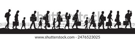 Refugee Group Silhouette. Banner with people crossing border with barbed wire, fleeing wars, poverty, humanitarian and natural disasters. Flat vector illustration isolated on white background