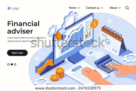 Online financial consultation. Accounting, calculation of income and expenses and payment of taxes. Landing page template with money management advisor. Isometric vector illustration