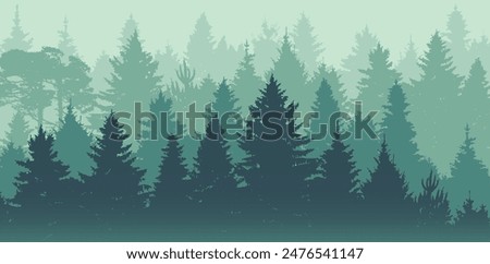 Natural forest landscape. Woodland panorama with silhouettes of coniferous trees, pines, firs and spruces. Background with evergreen plants. Foggy environment scenery. Flat vector illustration