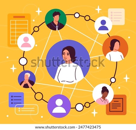 Social networks communication. Networking and remote employees collaboration. Chatting on internet and online dialogues. Users profiles avatars. Cartoon flat vector illustration