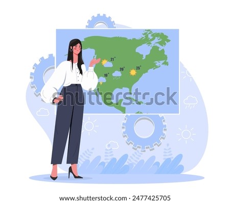 Weather forecast concept. Girl near world map with rainy and sunny weather. Meteorological show. Live Broadcasting and mass media. Cartoon flat vector illustration isolated on white background