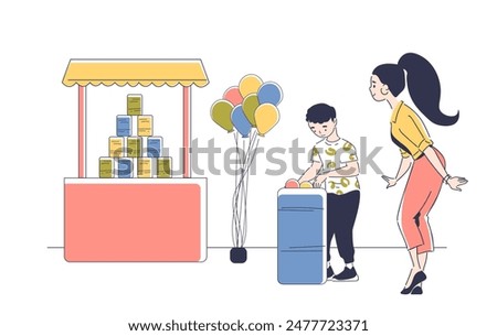 Knock down game. Woman with boy play in amusement park. Entertainment and fun. Carnival outdoor game of luck. Knock down tower and get prize. Linear vector illustration isolated on white background