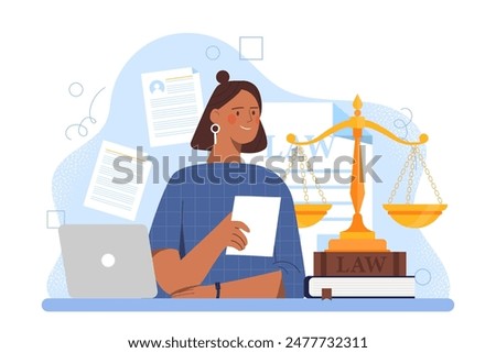 Legal research woman. Lawyer with gavels and documents. Legal support of deals and agreements, jurisprudence. Justice and judgement. Cartoon flat vector illustration isolated on white background