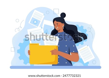 Woman with folder with documents. Young girl with folder and files. Electronic storage and archive, cloud service. Download and upload. Cartoon flat vector illustration isolated on white background