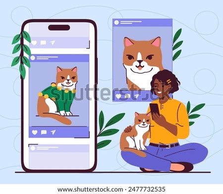 Post on social network. Young girl sitting with cat and take photo for social media. Person with content creation process. Woman posting photo of her kitten. Cartoon flat vector illustration