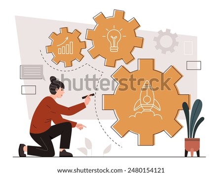 Concept of processing. Woman sitting near gears and coghweels. Businesswoman and entrepreneur with idea for start up or business project. Cartoon flat vector illustration isolated on white background