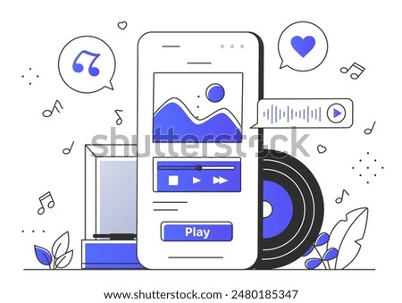 Musical application concept. Smartphone with pictures and audio files. Player for music lovers. Favourite songs and playlists, melodies. Linear flat vector illustration isolated on white background