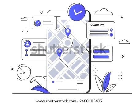 Location map at phone. Geolocation and navigation. Mobile application for travelers and tourists. GPS system with route at map. Linear flat vector illustration isolated on white background