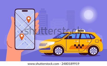 Night taxi order. Hand with smartphone near yellow automobile. Transport for travelers and tourists. Application for trip with map. Urban infrastructure. Cartoon flat vector illustration