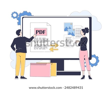 Converting files to Pdf. Man and woman at the computer monitor with documents online. File conversion application. Linear flat vector illustration isolated on white background