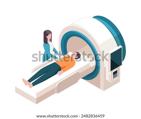 Isometric medical worker. Doctor examines patient using MRI or CT scanner. Treatment of diseases and healthcare. Therapist in clinic or hospital. 3D vector illustration isolated on white background