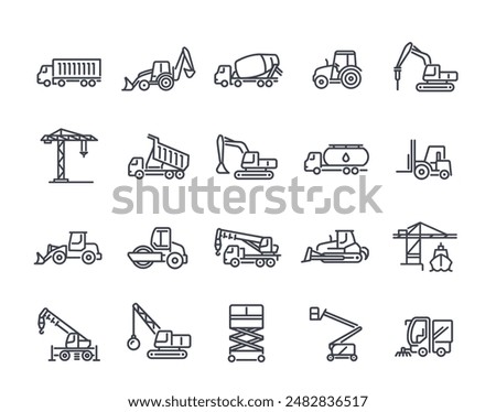 Set of construction machinery linear icons set. Truck, concrete mixer, tractor, excavator and crane for construction site. Editable stroke. Outline vector collection isolated on white background